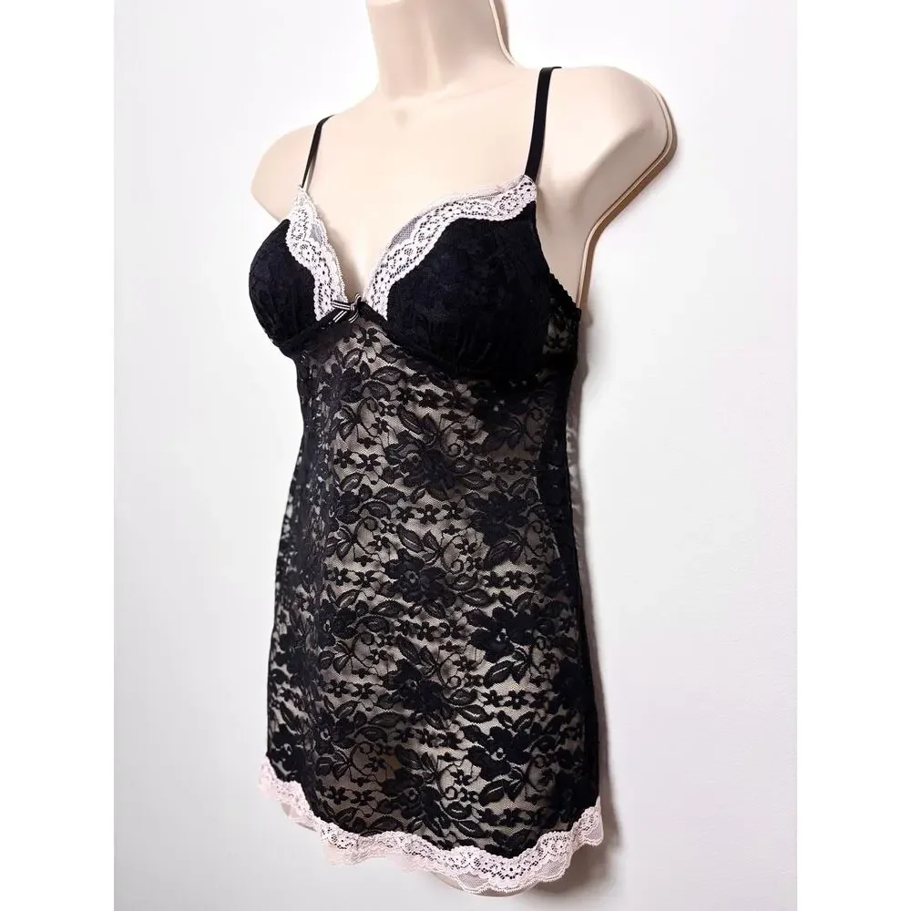 Gilligan & O’Malley Black Lace Bustier Cami Top Pale Pink Trim Sheer Lingerie - Picture 3 of 6